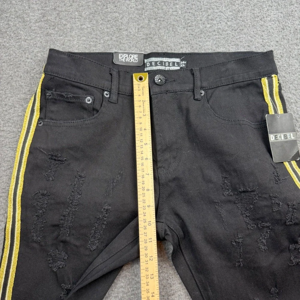 Decibel Distressed Jeans Men's 34 Black Gold Side Stripe Ripped Streetwear Denim
